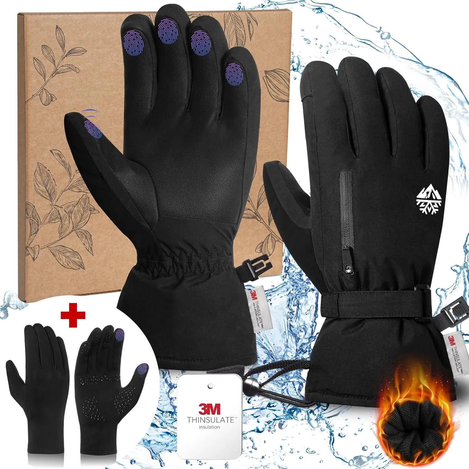 2 in 1 Snow Gloves Waterproof with Glove Liners, Winter Thermal Touchscreen Ski Gloves Made with 3M Thinsulate, Anti-Slip PU Palm Snowboard Gloves with Zipper Pocket for All Snow Sports, Medium