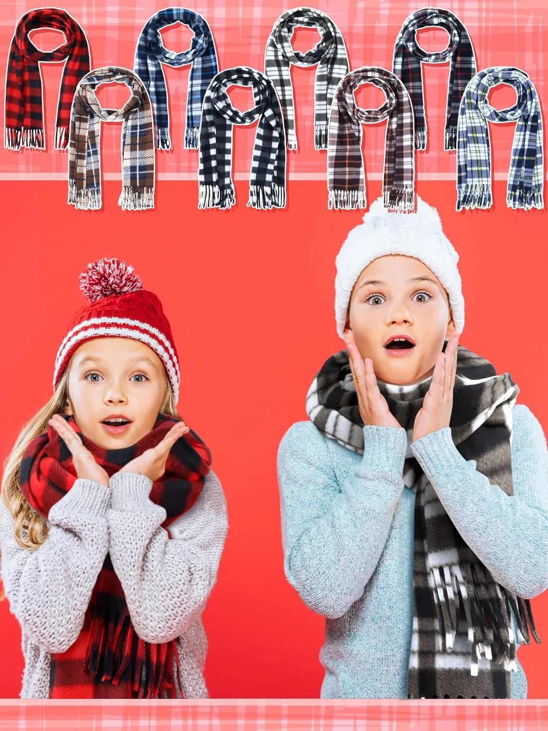 8 Pcs Kids Winter Scarf Buffalo Plaid Kids Scarves Christmas Warm Shawls Scarves Parent Child Scarf for Boys Girls