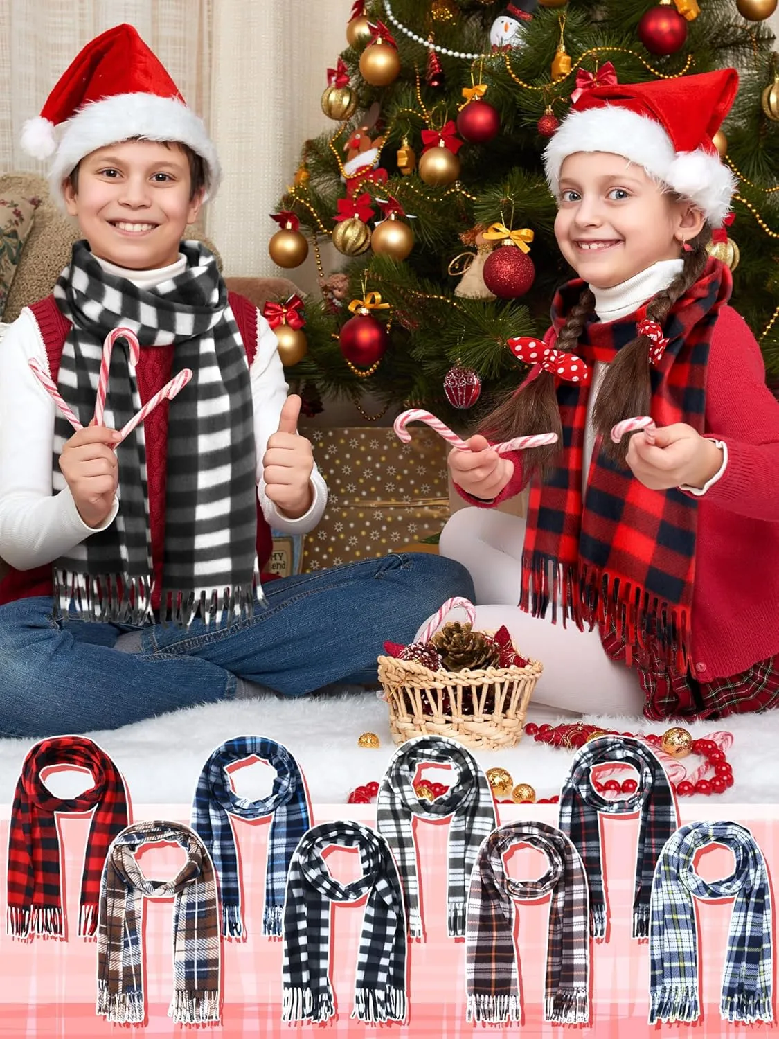 8 Pcs Kids Winter Scarf Buffalo Plaid Kids Scarves Christmas Warm Shawls Scarves Parent Child Scarf for Boys Girls