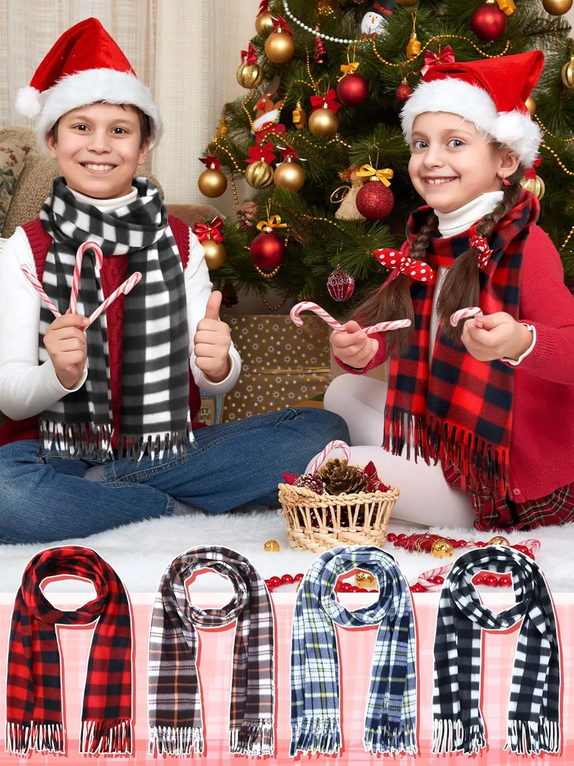 8 Pcs Kids Winter Scarf Buffalo Plaid Kids Scarves Christmas Warm Shawls Scarves Parent Child Scarf for Boys Girls
