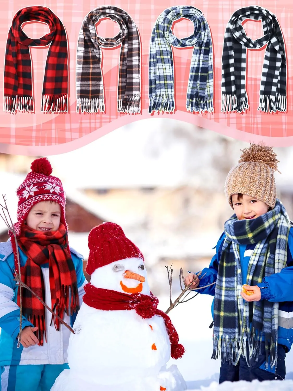 8 Pcs Kids Winter Scarf Buffalo Plaid Kids Scarves Christmas Warm Shawls Scarves Parent Child Scarf for Boys Girls