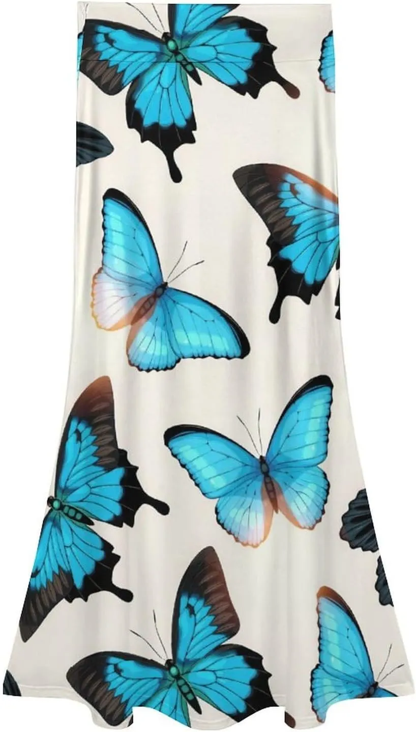 Aesthetic Graceful Butterflies Thai Style Maxi Skirts High Waist Hidden Zip Ruffling Swing Party Skirt