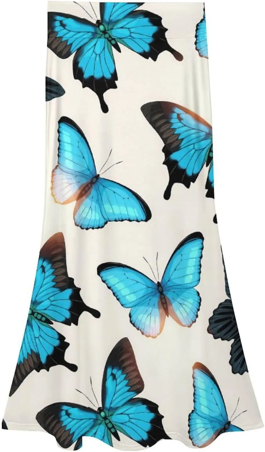 Aesthetic Graceful Butterflies Thai Style Maxi Skirts High Waist Hidden Zip Ruffling Swing Party Skirt