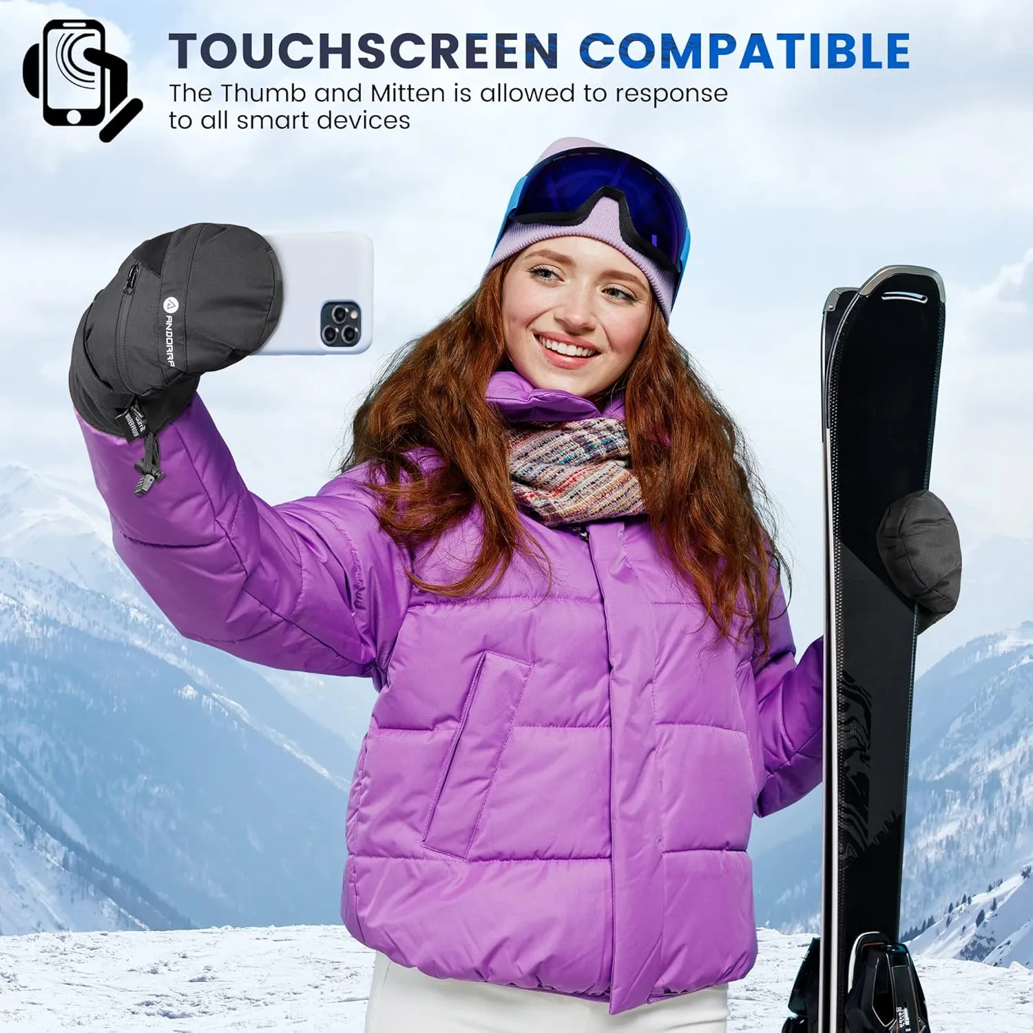 ANDORRA Women's Touchscreen Ski and Snowboarding Mitten with Diagonal Zippered