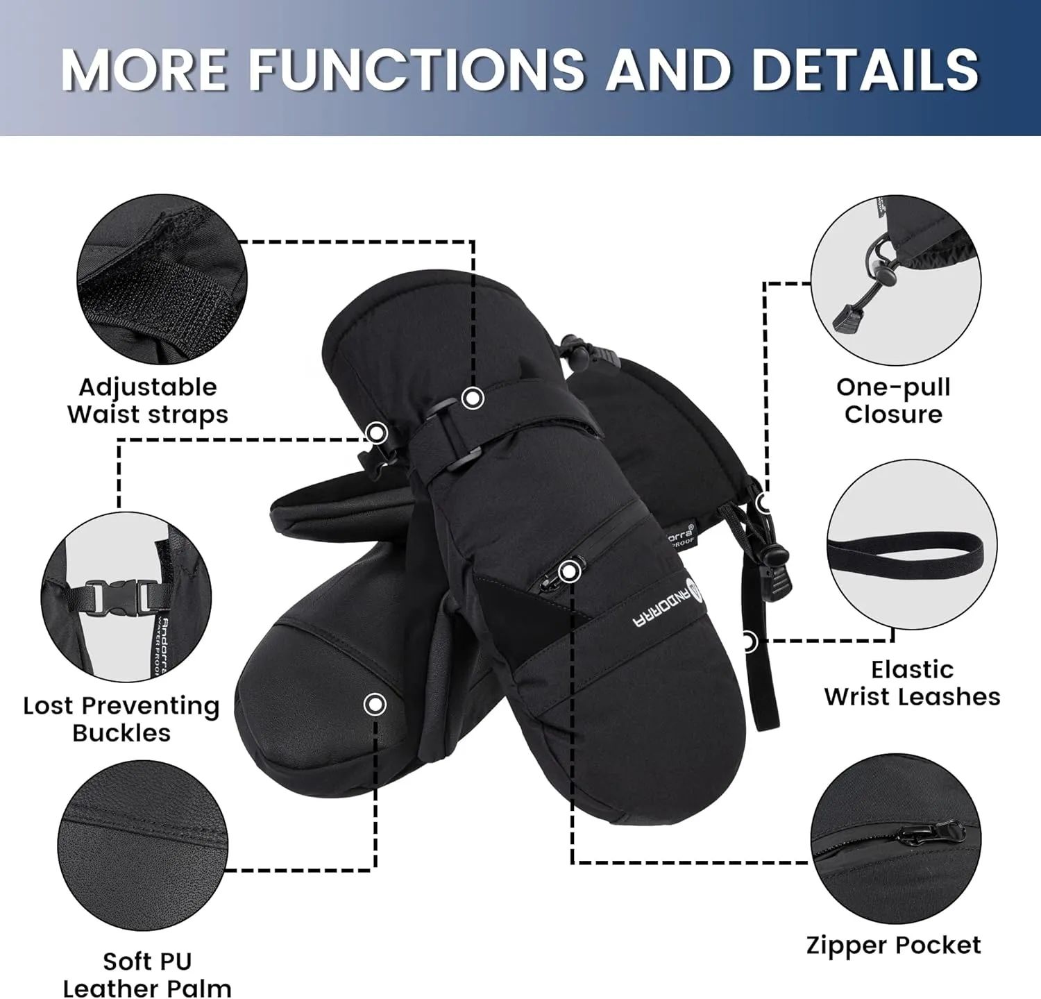 ANDORRA Women's Touchscreen Ski and Snowboarding Mitten with Diagonal Zippered