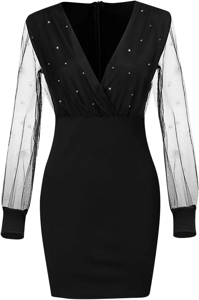 BAXLIMEK Cocktail Dresses for Women 2025 Trendy Mesh Long Sleeve Wedding Guest Dress Elegant Bodycon V Neck Club Party Dress