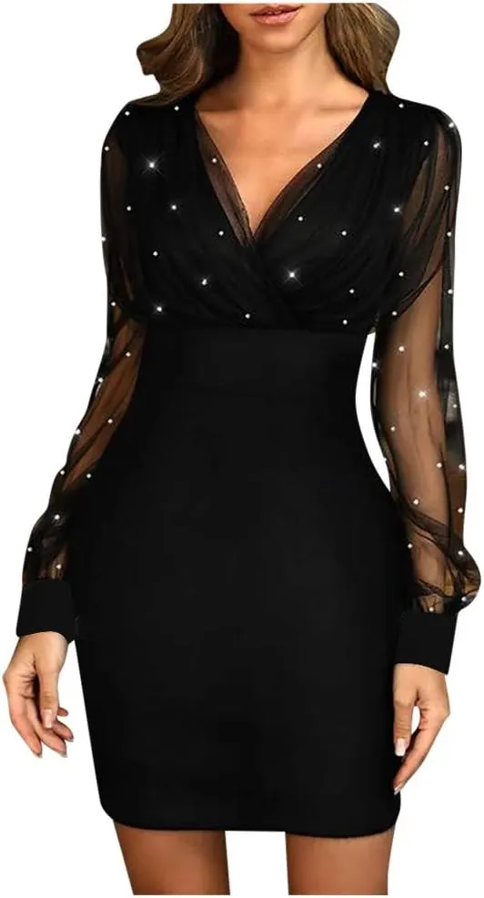 BAXLIMEK Cocktail Dresses for Women 2025 Trendy Mesh Long Sleeve Wedding Guest Dress Elegant Bodycon V Neck Club Party Dress