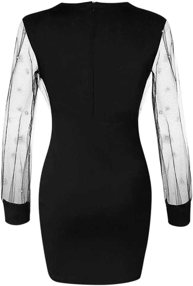 BAXLIMEK Cocktail Dresses for Women 2025 Trendy Mesh Long Sleeve Wedding Guest Dress Elegant Bodycon V Neck Club Party Dress