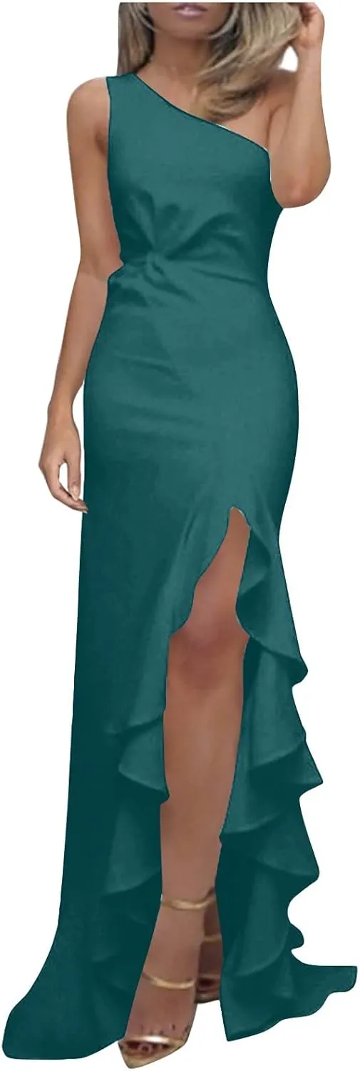 BAXLIMEK Formal Dresses for Women,2025 Elegant Bodycon One Shoulder Cocktail Dress,Trendy High Slit Flowy Hem Party Dress