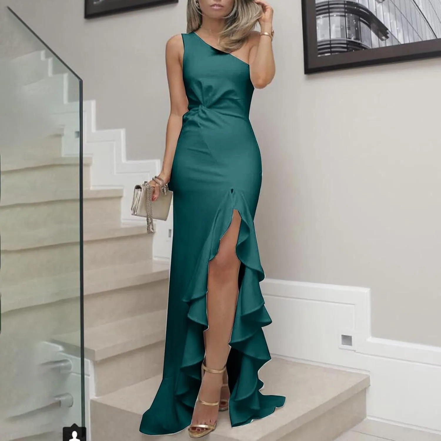 BAXLIMEK Formal Dresses for Women,2025 Elegant Bodycon One Shoulder Cocktail Dress,Trendy High Slit Flowy Hem Party Dress
