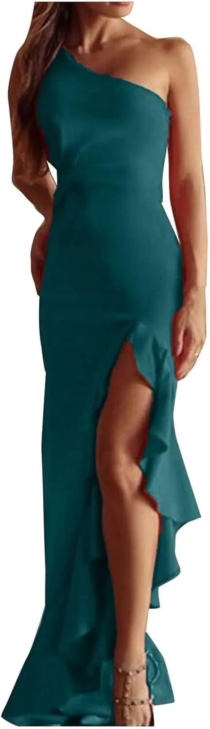 BAXLIMEK Formal Dresses for Women,2025 Elegant Bodycon One Shoulder Cocktail Dress,Trendy High Slit Flowy Hem Party Dress