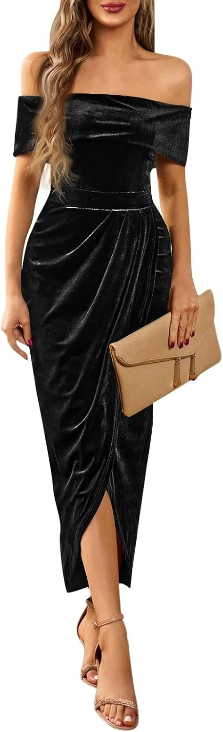 BAXLIMEK Velvet Dress for Women,2025 Elegant Sexy Bodycon Cocktail Dress Irregular Ruched Slit Hem Formal Wedding Guest Dress