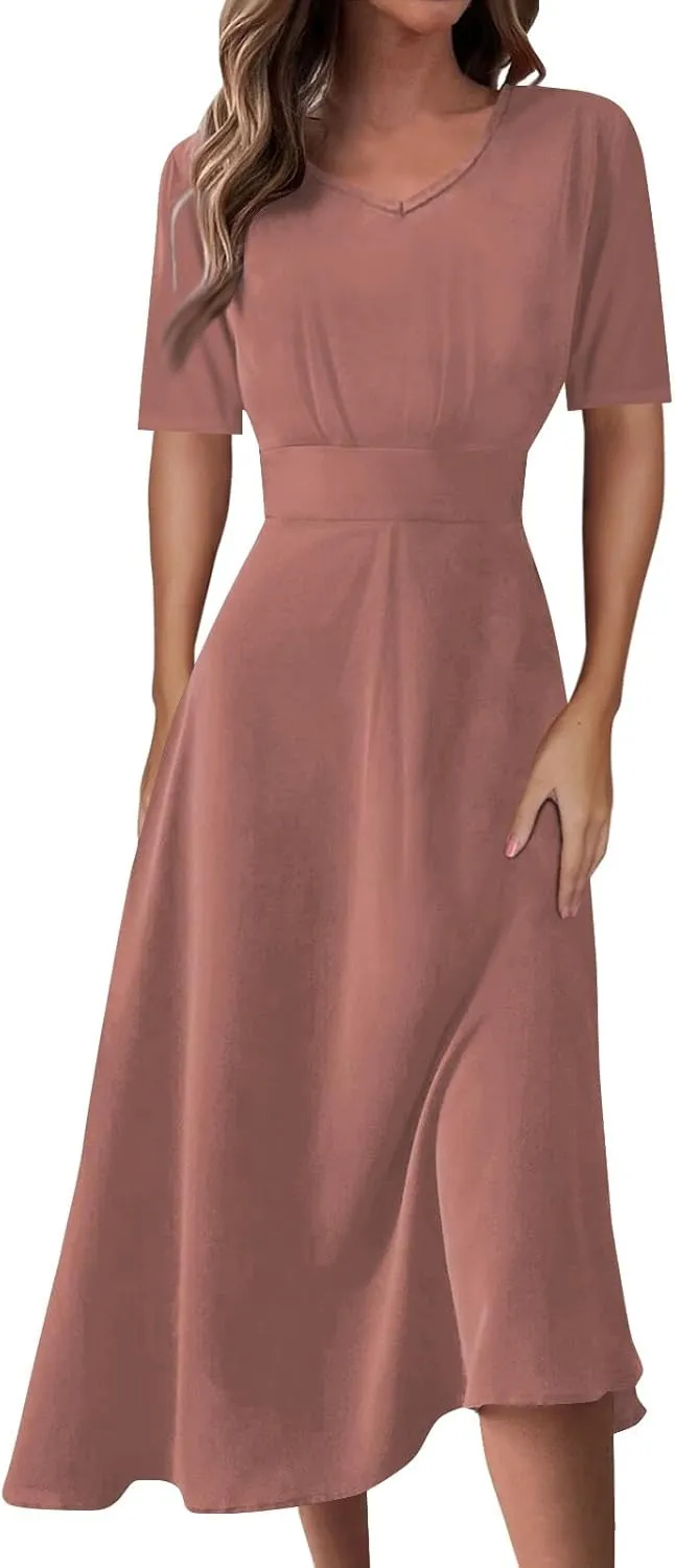 Beach Dresses for Women,2024 Summer Elegant Bodycon V Neck Short Sleeve Maxi Dress,Flowy Pleated Vacation Boho Dress