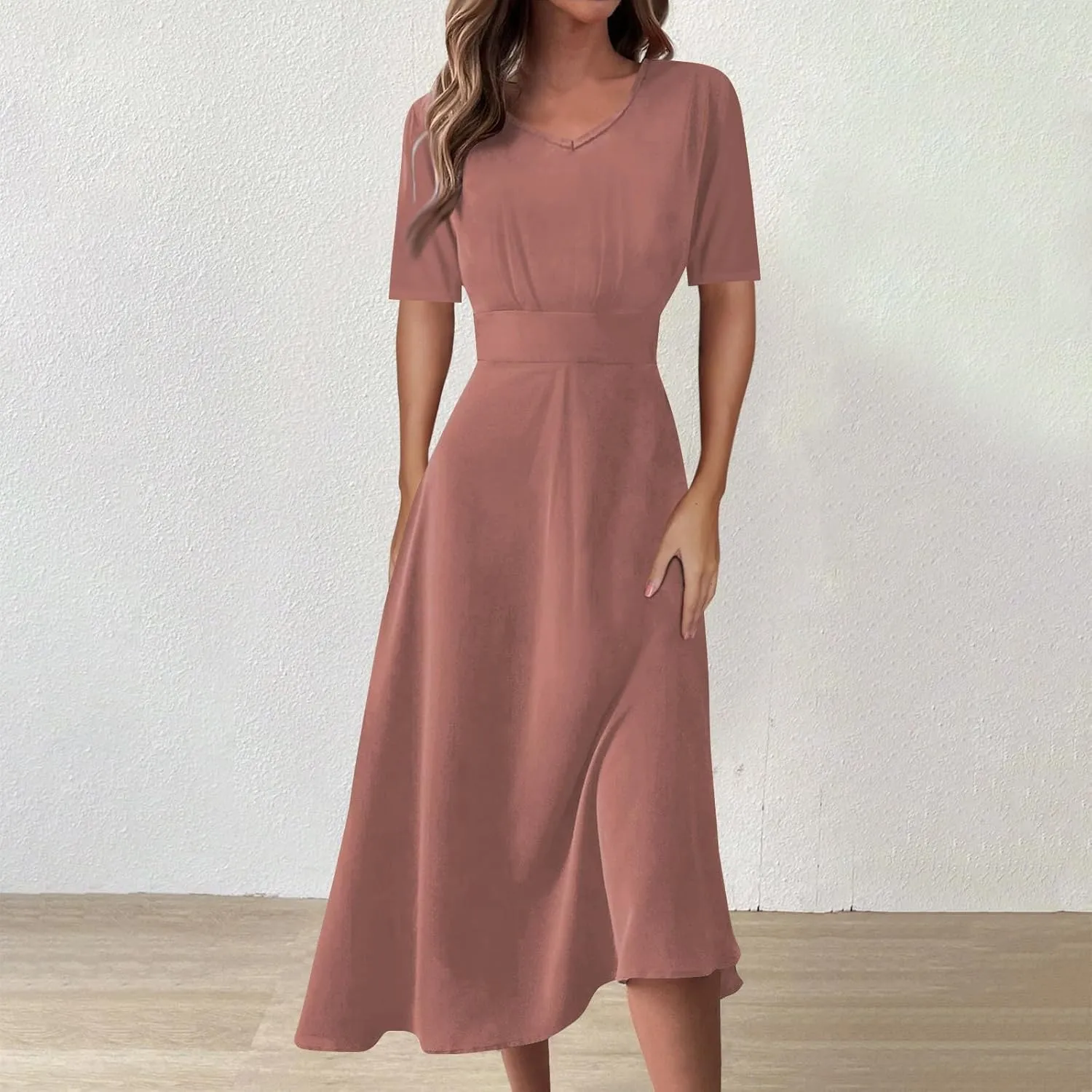 Beach Dresses for Women,2024 Summer Elegant Bodycon V Neck Short Sleeve Maxi Dress,Flowy Pleated Vacation Boho Dress