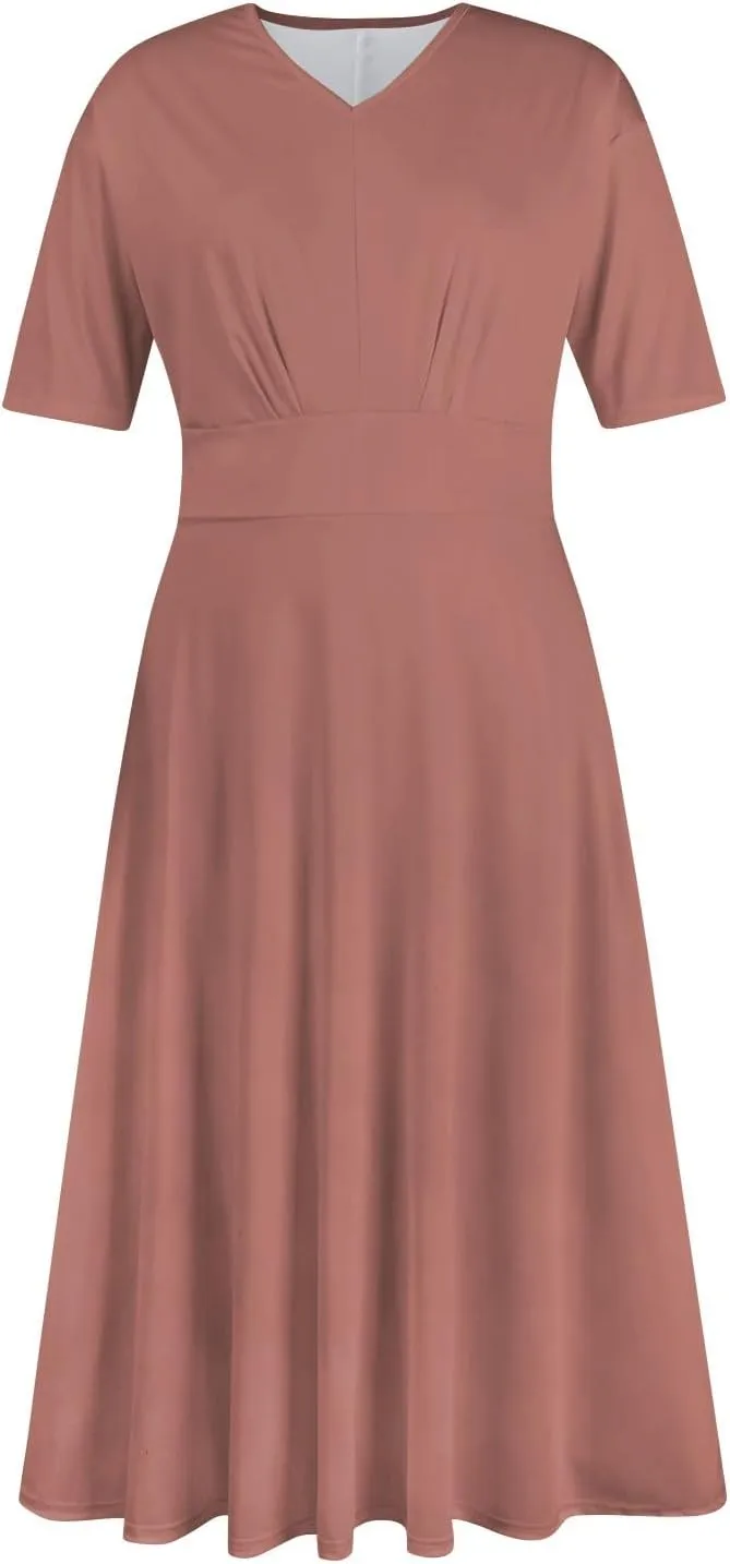 Beach Dresses for Women,2024 Summer Elegant Bodycon V Neck Short Sleeve Maxi Dress,Flowy Pleated Vacation Boho Dress