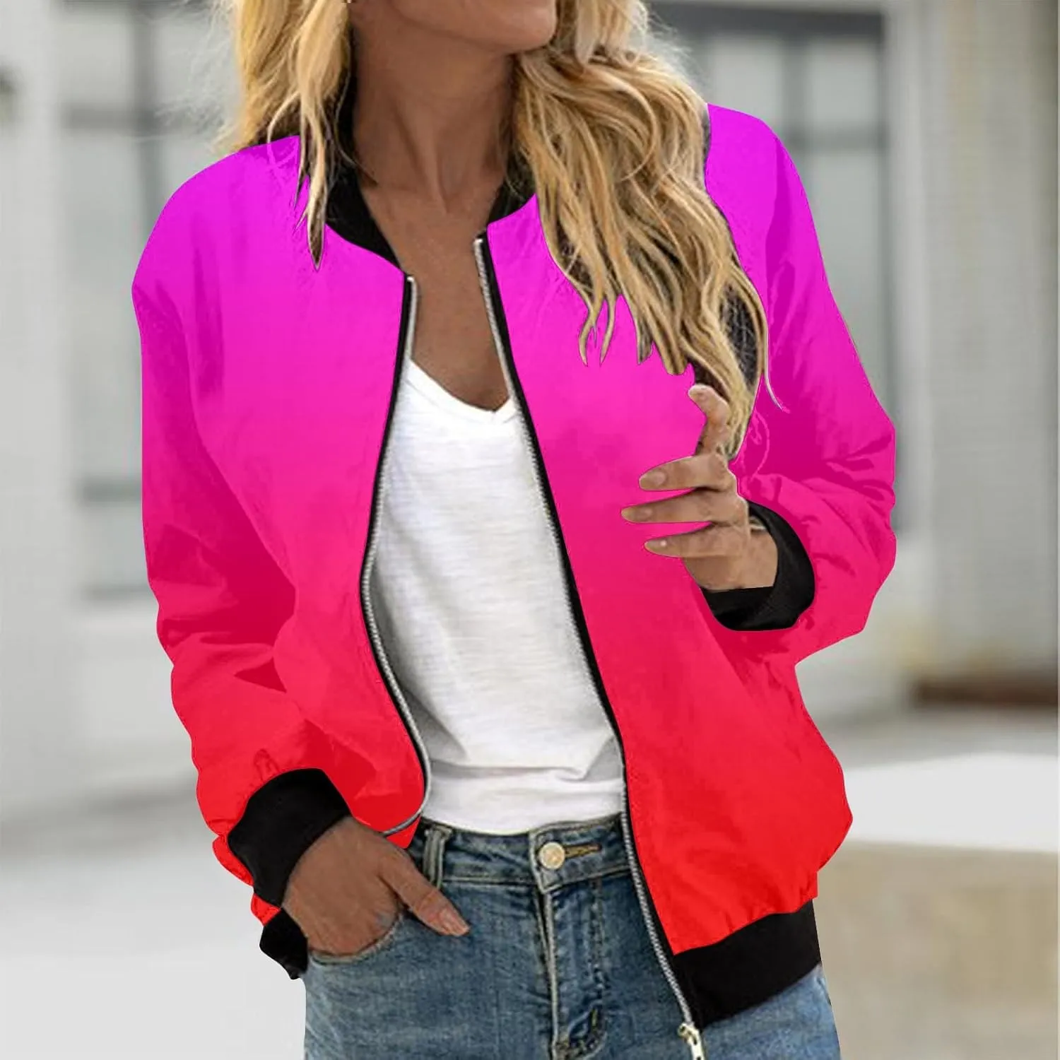 Bomber Jacket Women 2024 Causal Floral Zip Up Coats Long Sleeve Stand Collar Fall Jackets Lightweight Outerwear Tops