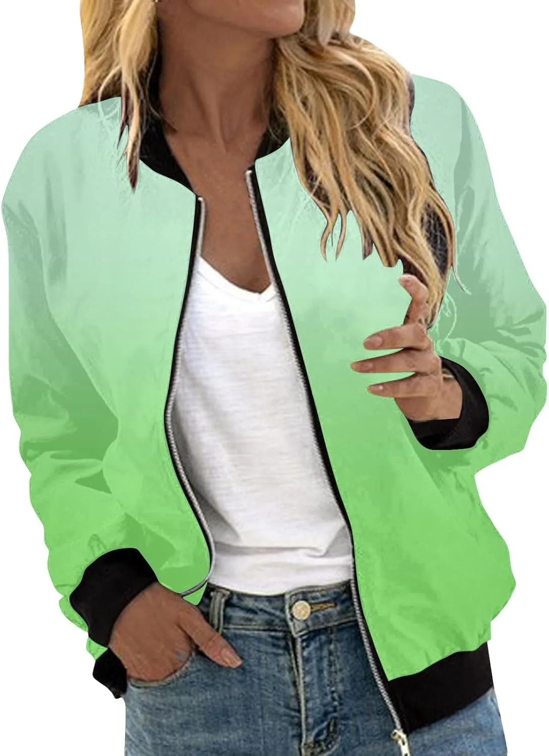 Bomber Jacket Women 2024 Causal Floral Zip Up Coats Long Sleeve Stand Collar Fall Jackets Lightweight Outerwear Tops