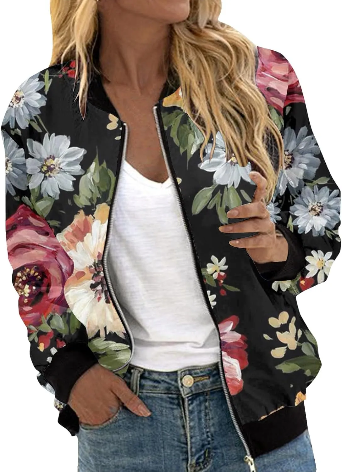 Bomber Jacket Women 2024 Causal Floral Zip Up Coats Long Sleeve Stand Collar Fall Jackets Lightweight Outerwear Tops