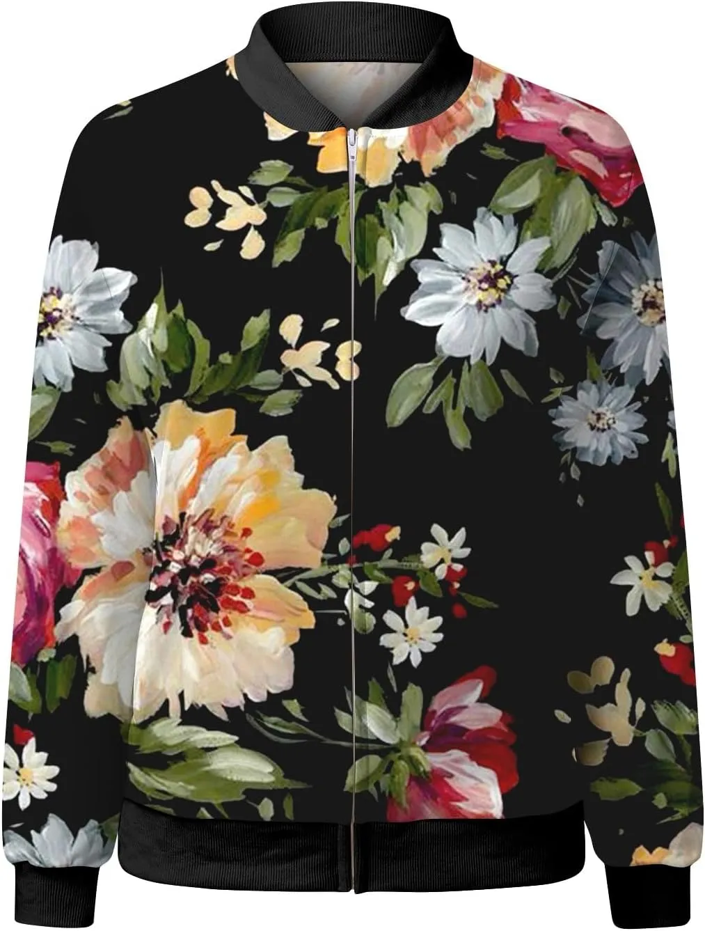 Bomber Jacket Women 2024 Causal Floral Zip Up Coats Long Sleeve Stand Collar Fall Jackets Lightweight Outerwear Tops