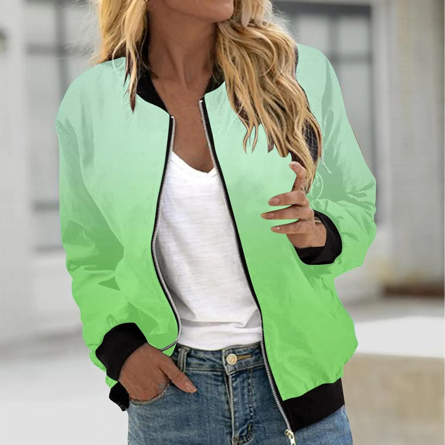 Bomber Jacket Women 2024 Causal Floral Zip Up Coats Long Sleeve Stand Collar Fall Jackets Lightweight Outerwear Tops