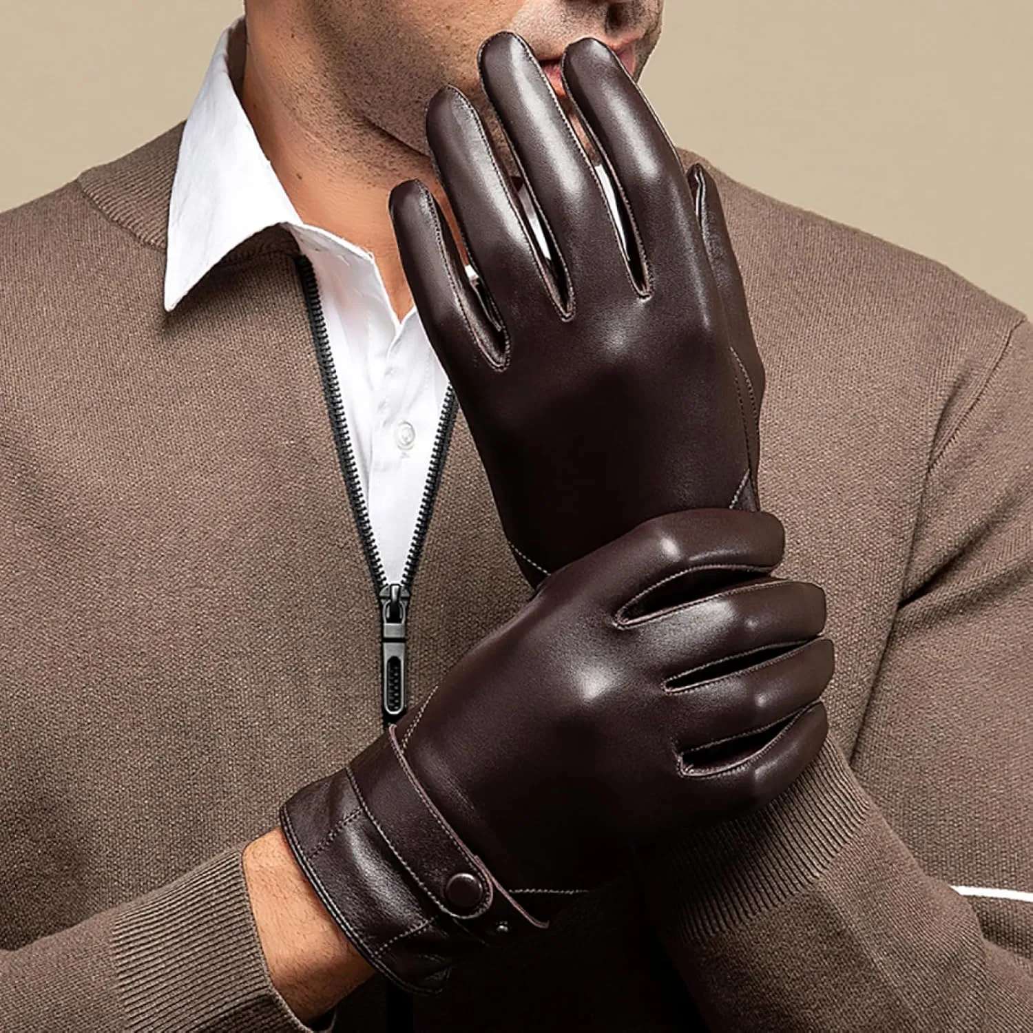 CAKERS Men Driving Leather Gloves|Winter Sheepskin Touch Screen Gloves|Outdoor Windproof Warm Gloves