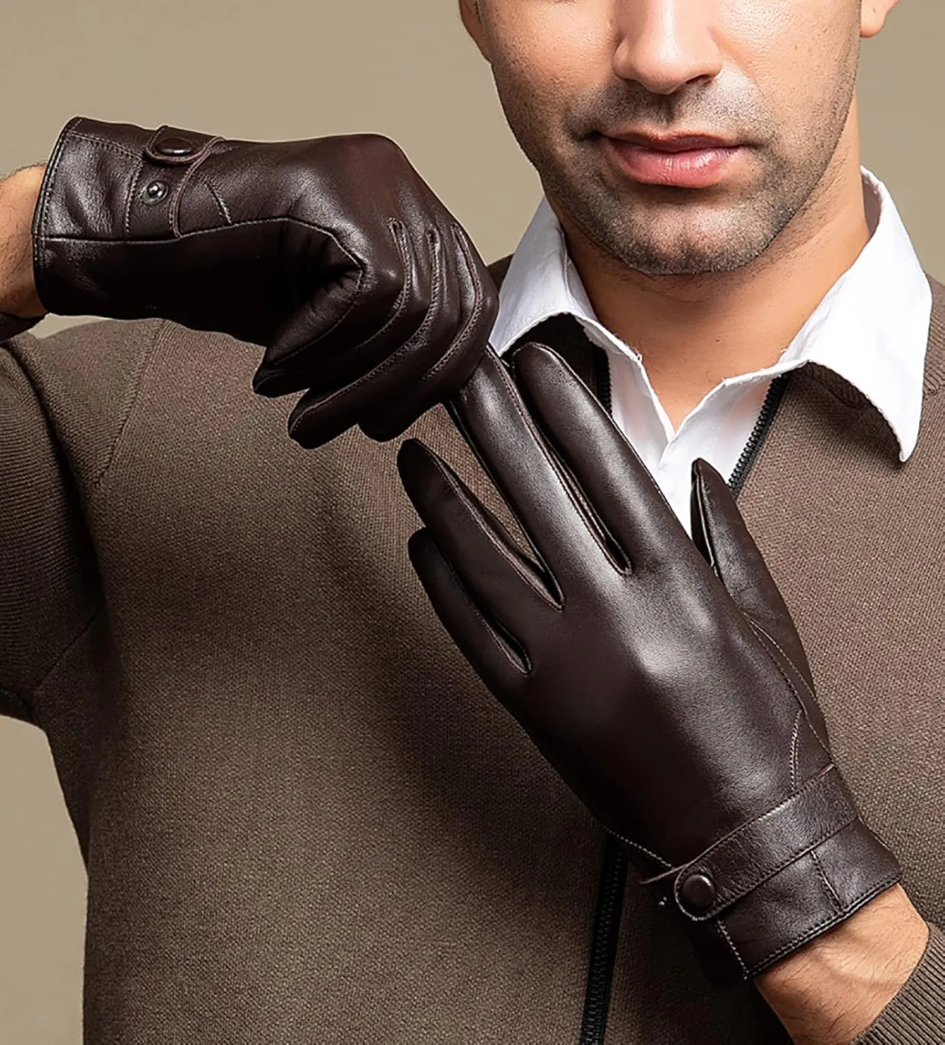 CAKERS Men Driving Leather Gloves|Winter Sheepskin Touch Screen Gloves|Outdoor Windproof Warm Gloves