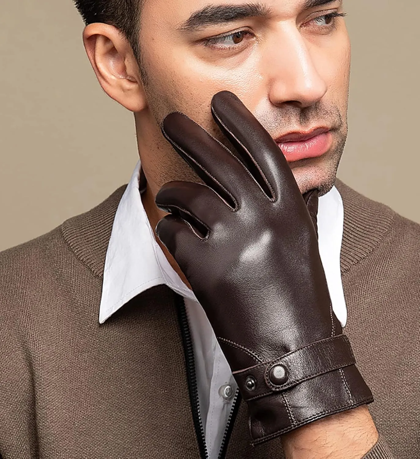 CAKERS Men Driving Leather Gloves|Winter Sheepskin Touch Screen Gloves|Outdoor Windproof Warm Gloves