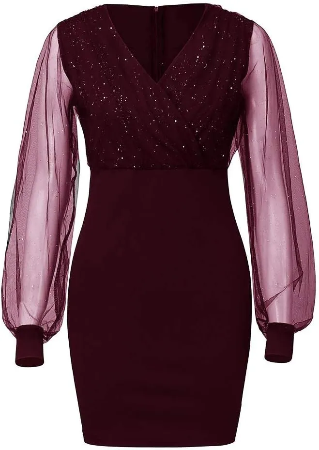 Cocktail Dresses for Women 2025 Trendy Mesh Long Sleeve Guest Dress Elegant Bodycon V Neck Wedding Party Dress