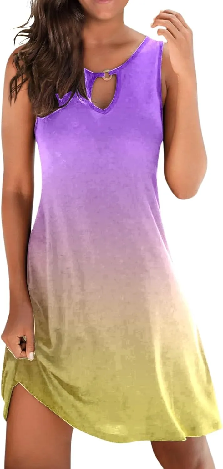 Eduavar Summer Dresses for Women 2024, Boho Dresses for Women 2024 Gradient Print Sexy Hollow Out Crew Neck Tank Dress