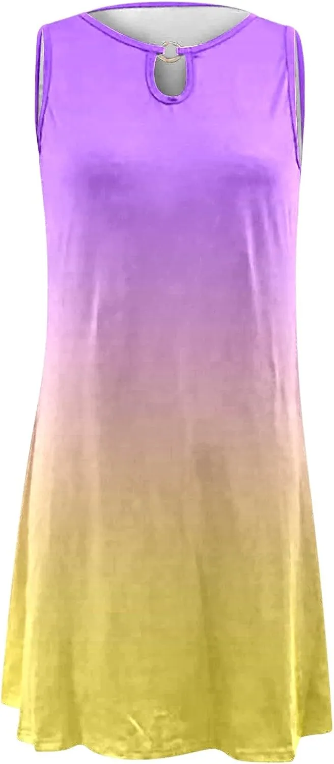 Eduavar Summer Dresses for Women 2024, Boho Dresses for Women 2024 Gradient Print Sexy Hollow Out Crew Neck Tank Dress