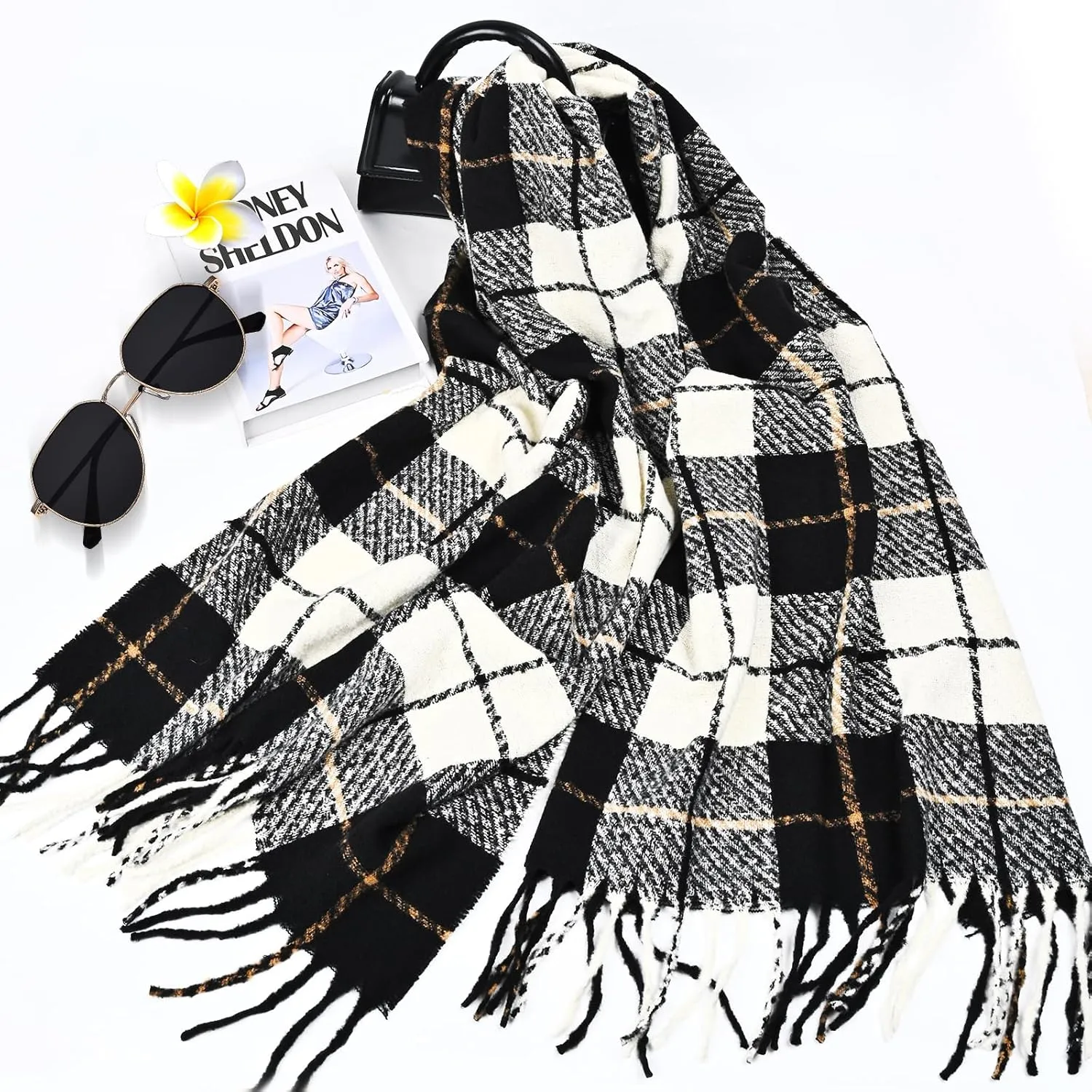 FINIZO Winter Scarf for Women Cashmere Feel Scarfs Large Tassel Plaid Scarf Blanket Wrap Shawl Ladies Gifts