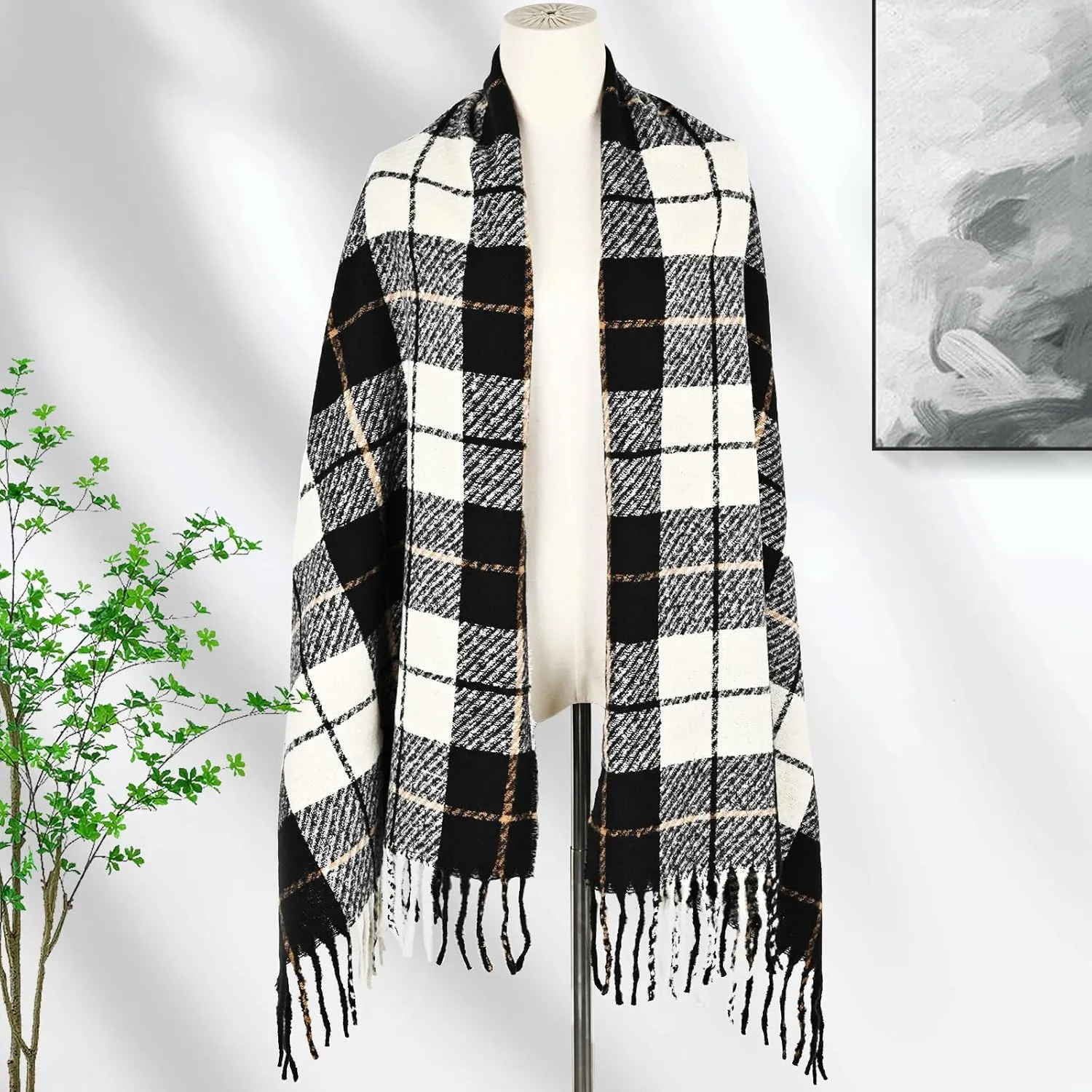 FINIZO Winter Scarf for Women Cashmere Feel Scarfs Large Tassel Plaid Scarf Blanket Wrap Shawl Ladies Gifts
