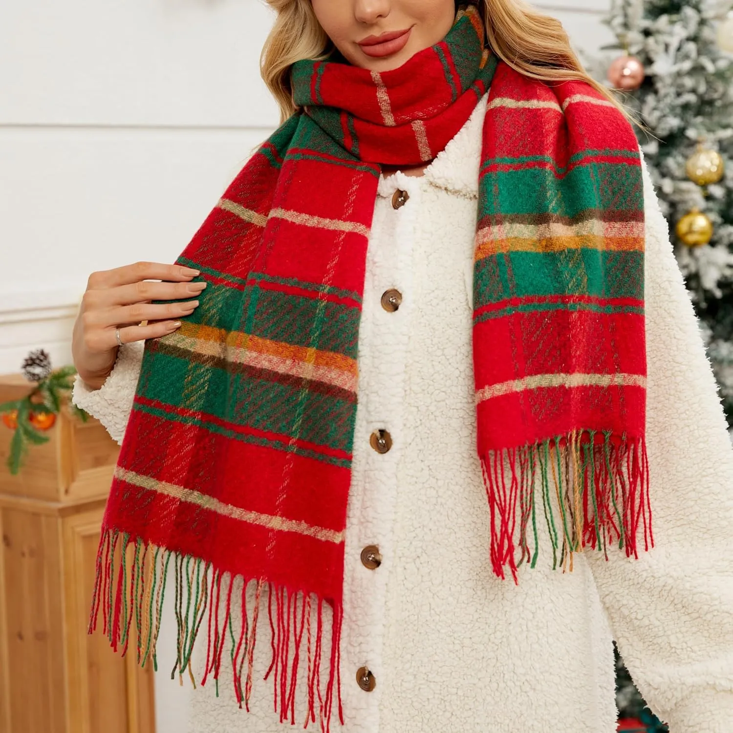 FINIZO Winter Scarf for Women Cashmere Feel Scarfs Large Tassel Plaid Scarf Blanket Wrap Shawl Ladies Gifts