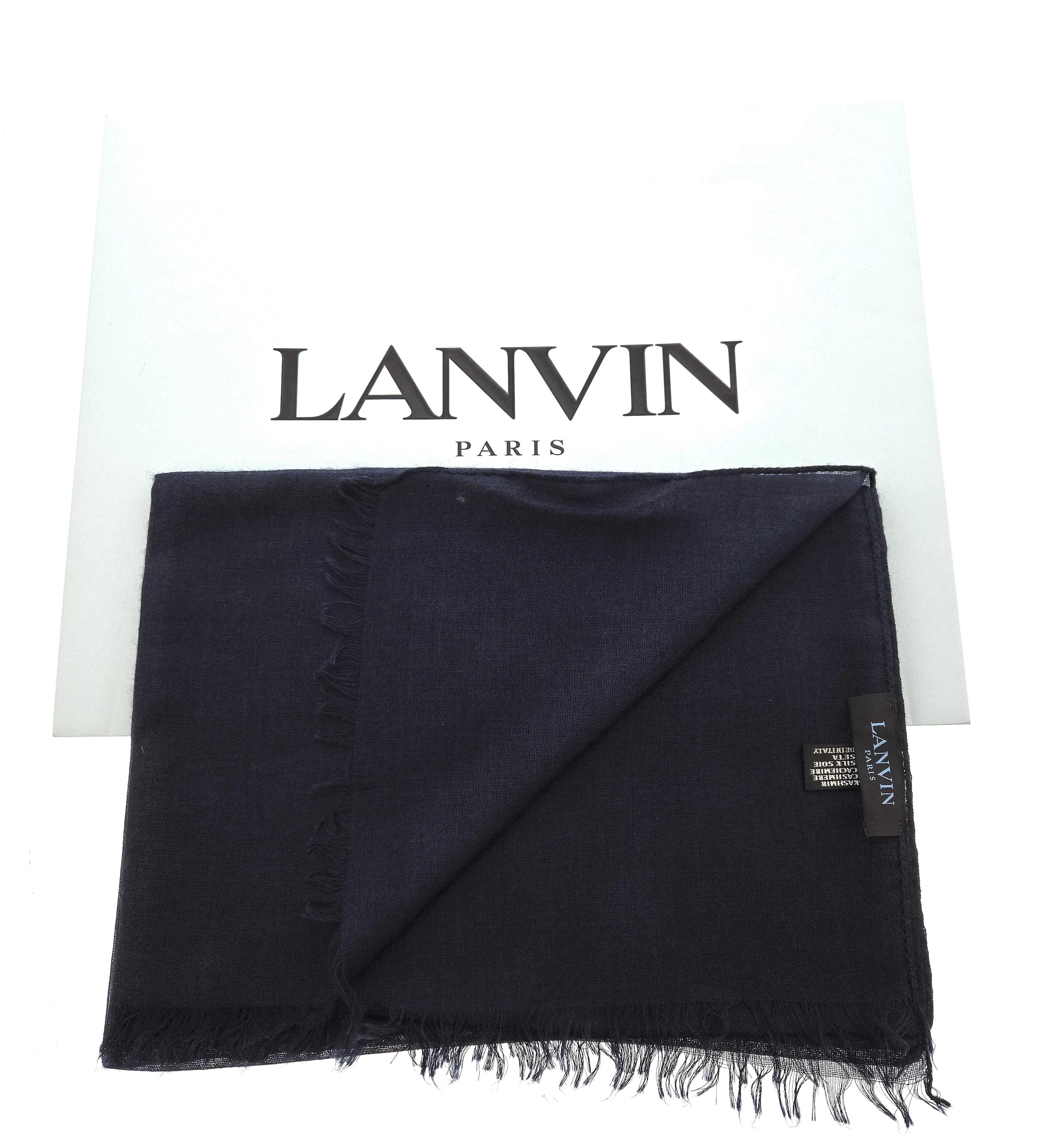 Lanvin Soft Luxurious Cashmere and Silk Navy Fringe Scarf