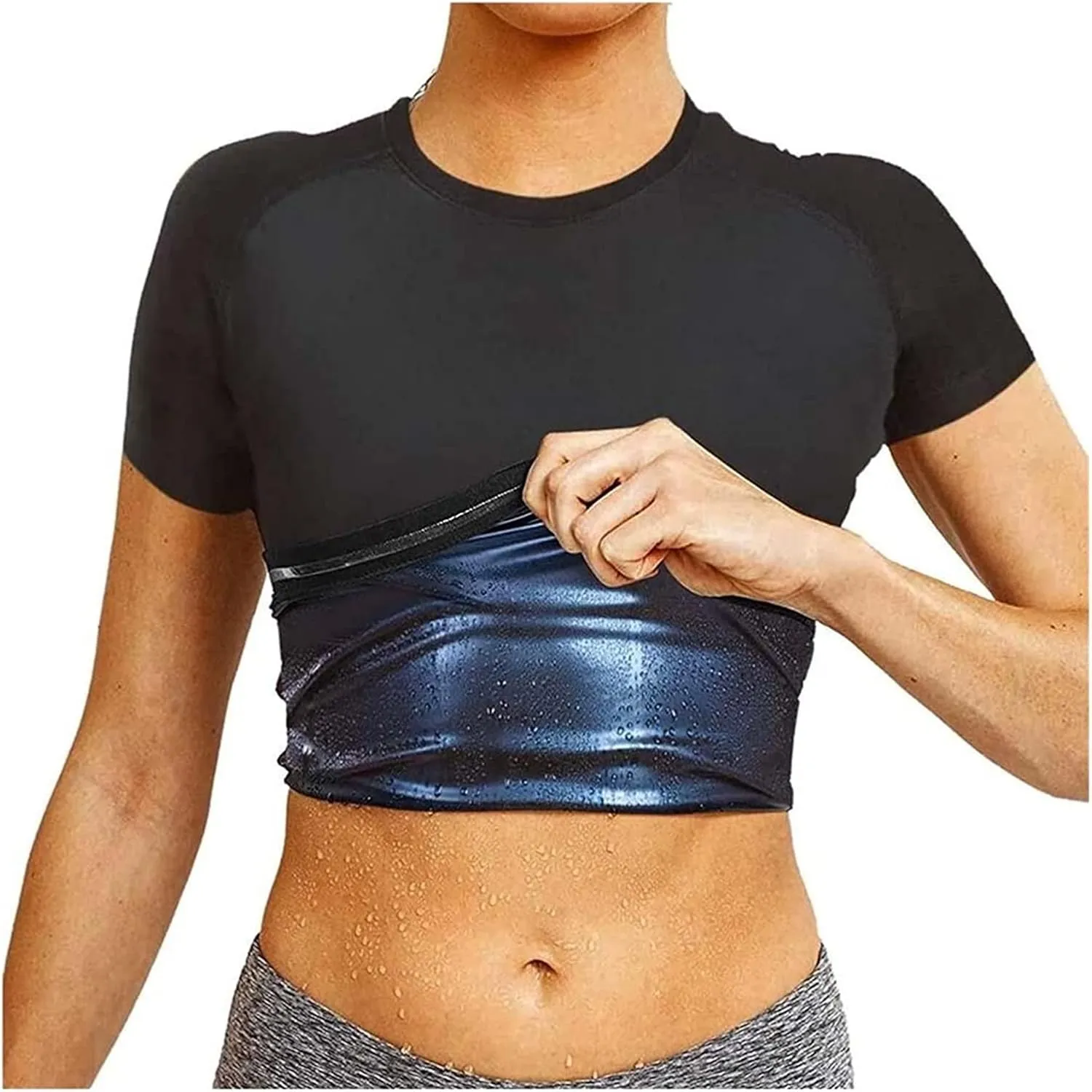 LIYUN Men's Slimming Sauna Suit for Women to Sweat Slimming Belts Anti-Cellulite Short-Sleeved Sports Shirt for Gym Fitness Running Sauna Suits(Women,Large)