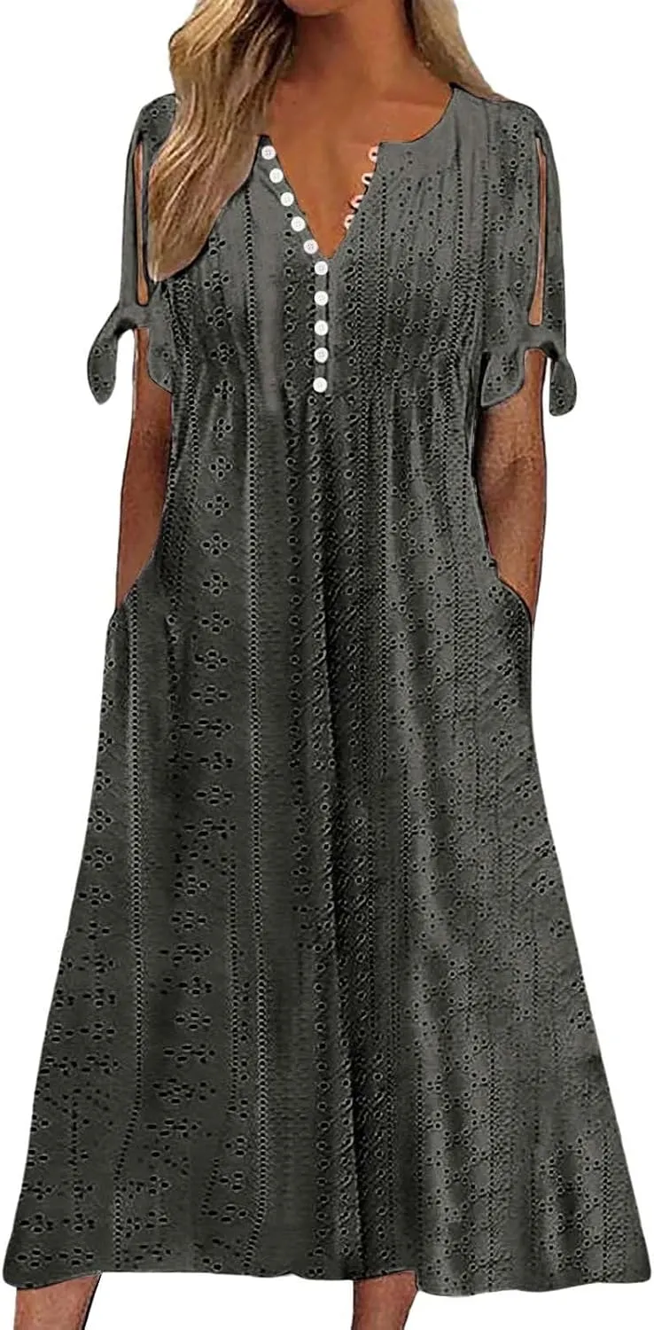 Maxi Long Dresses for Women Eyelet Tshirts Dress Short Sleeve Casual 2025 Trendy Summer Beach Vacation Sundress