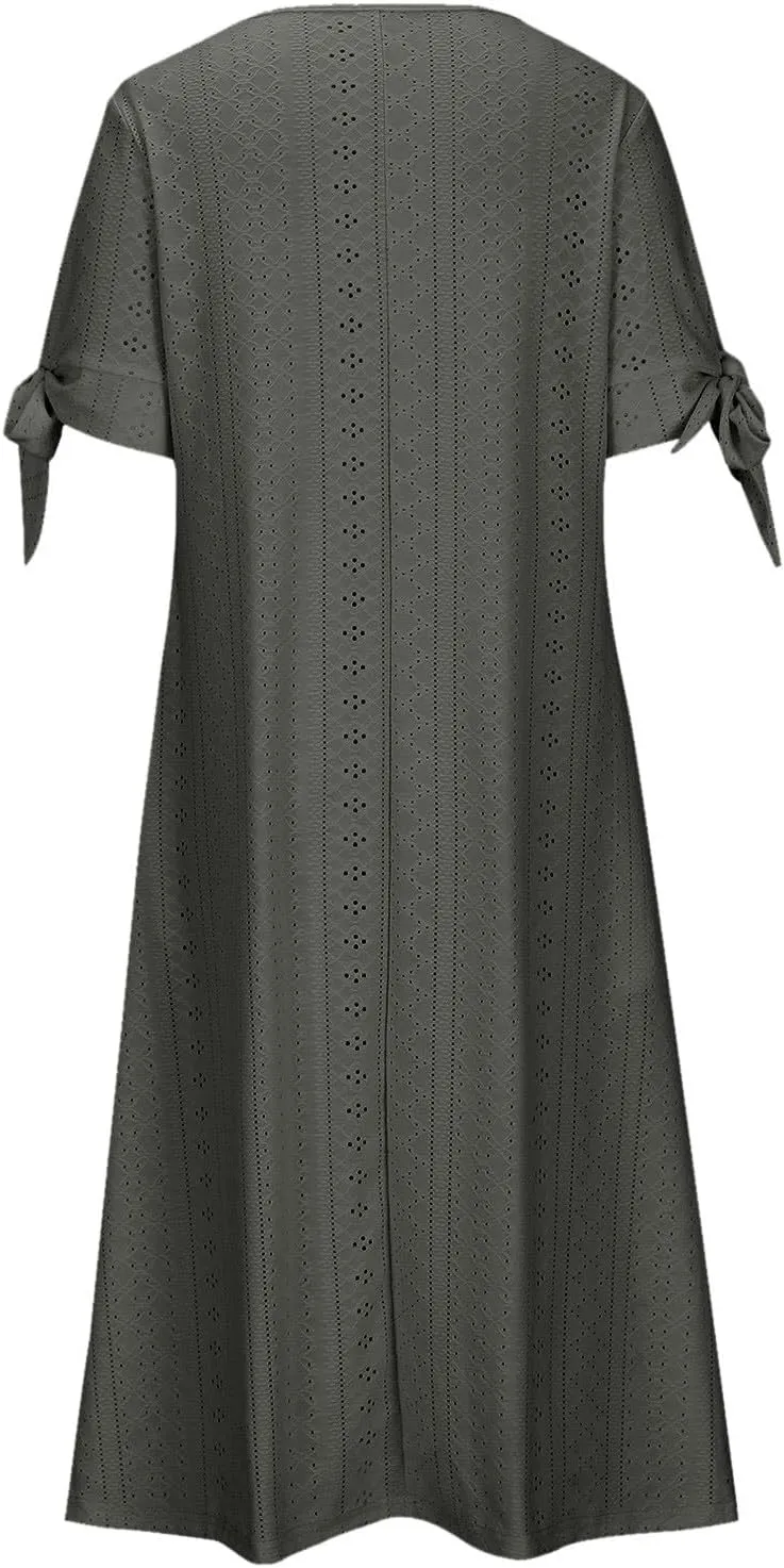 Maxi Long Dresses for Women Eyelet Tshirts Dress Short Sleeve Casual 2025 Trendy Summer Beach Vacation Sundress