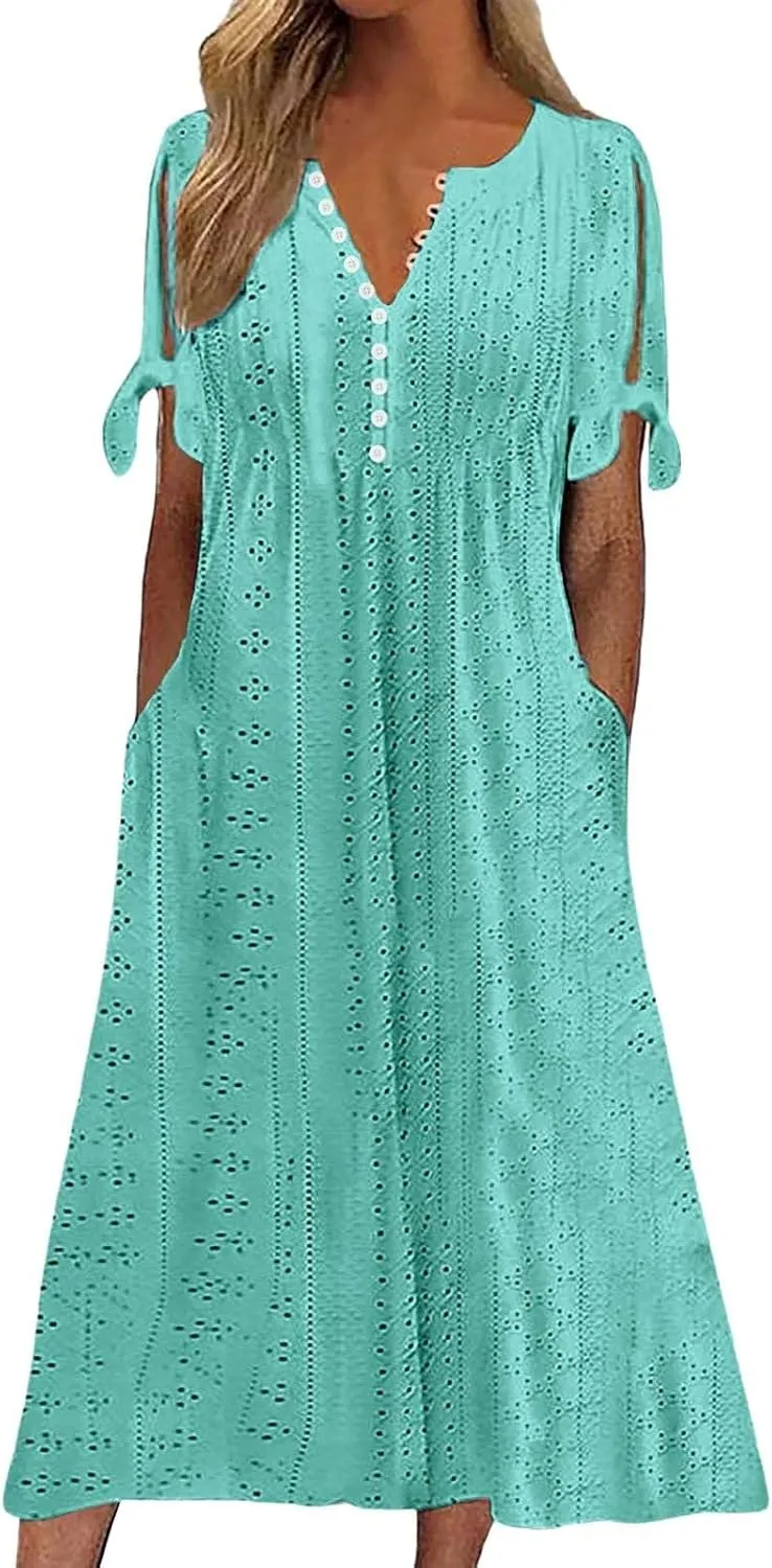 Maxi Long Dresses for Women Eyelet Tshirts Dress Short Sleeve Casual 2025 Trendy Summer Beach Vacation Sundress