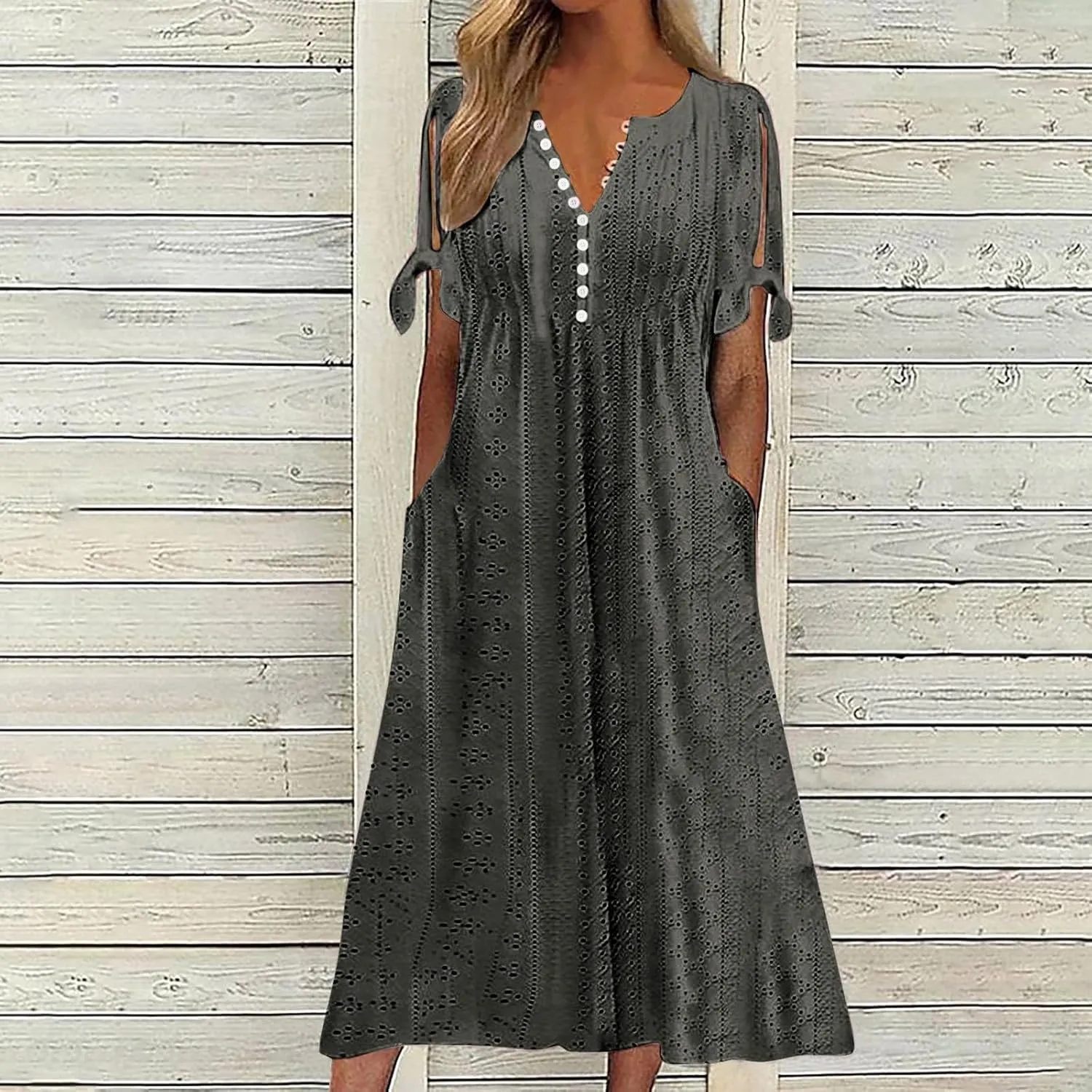 Maxi Long Dresses for Women Eyelet Tshirts Dress Short Sleeve Casual 2025 Trendy Summer Beach Vacation Sundress