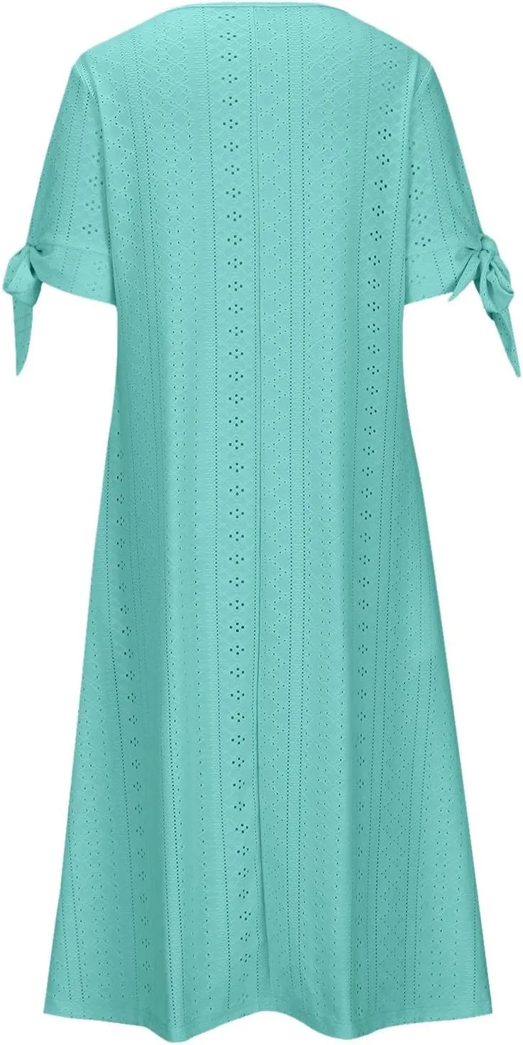 Maxi Long Dresses for Women Eyelet Tshirts Dress Short Sleeve Casual 2025 Trendy Summer Beach Vacation Sundress