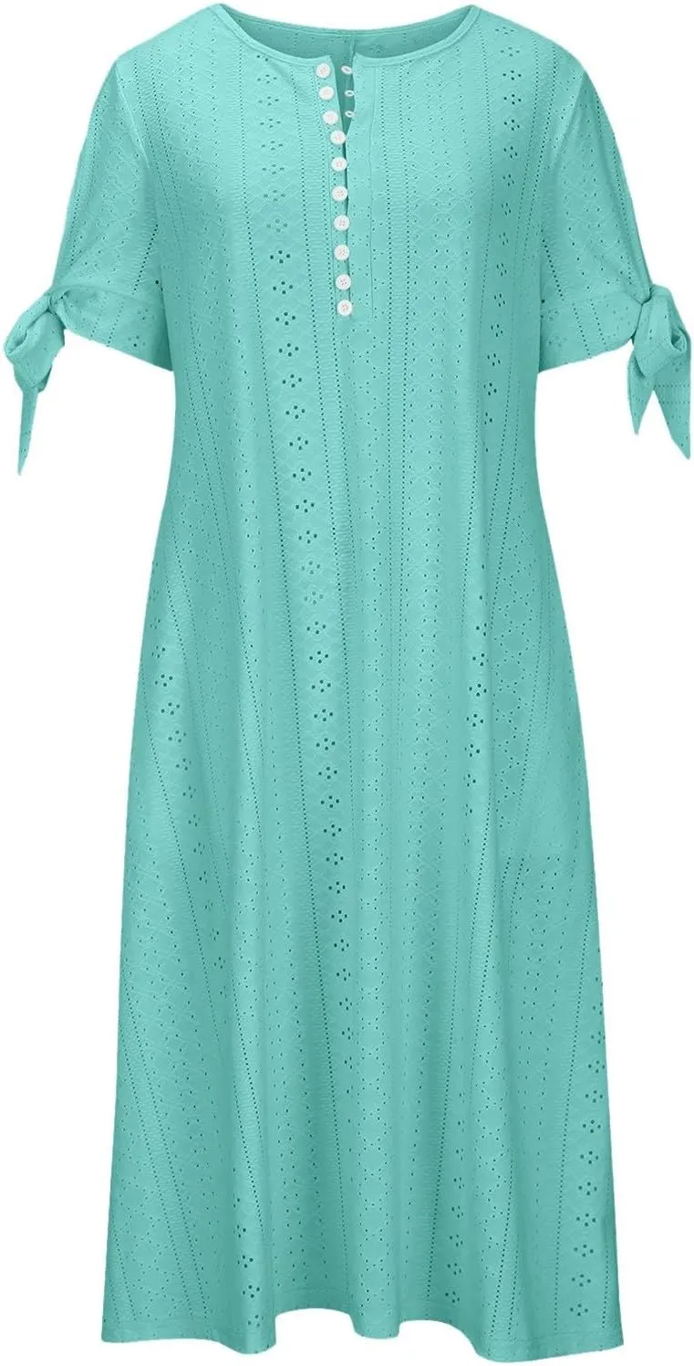 Maxi Long Dresses for Women Eyelet Tshirts Dress Short Sleeve Casual 2025 Trendy Summer Beach Vacation Sundress
