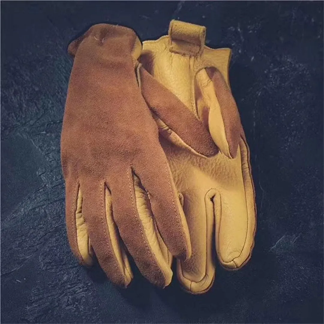 Men's Genuine Cowhide Wear Resistant Leather Gloves Driving Motorcycle Gloves Winter Mittens Yellow XL