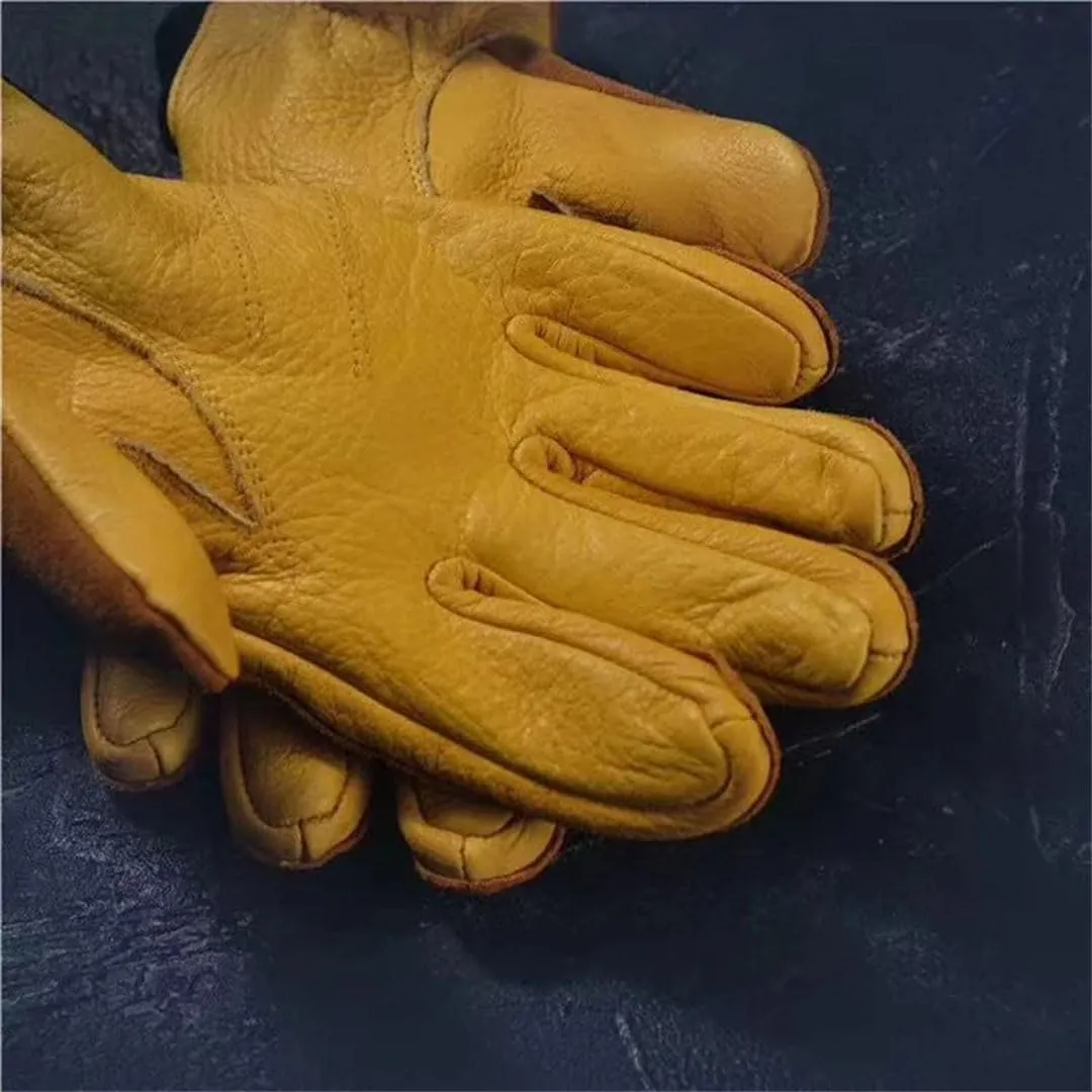 Men's Genuine Cowhide Wear Resistant Leather Gloves Driving Motorcycle Gloves Winter Mittens Yellow XL