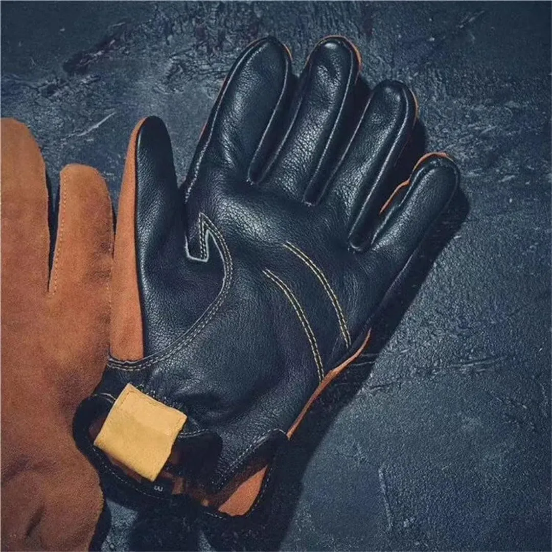 Men's Genuine Cowhide Wear Resistant Leather Gloves Driving Motorcycle Gloves Winter Mittens Yellow XL