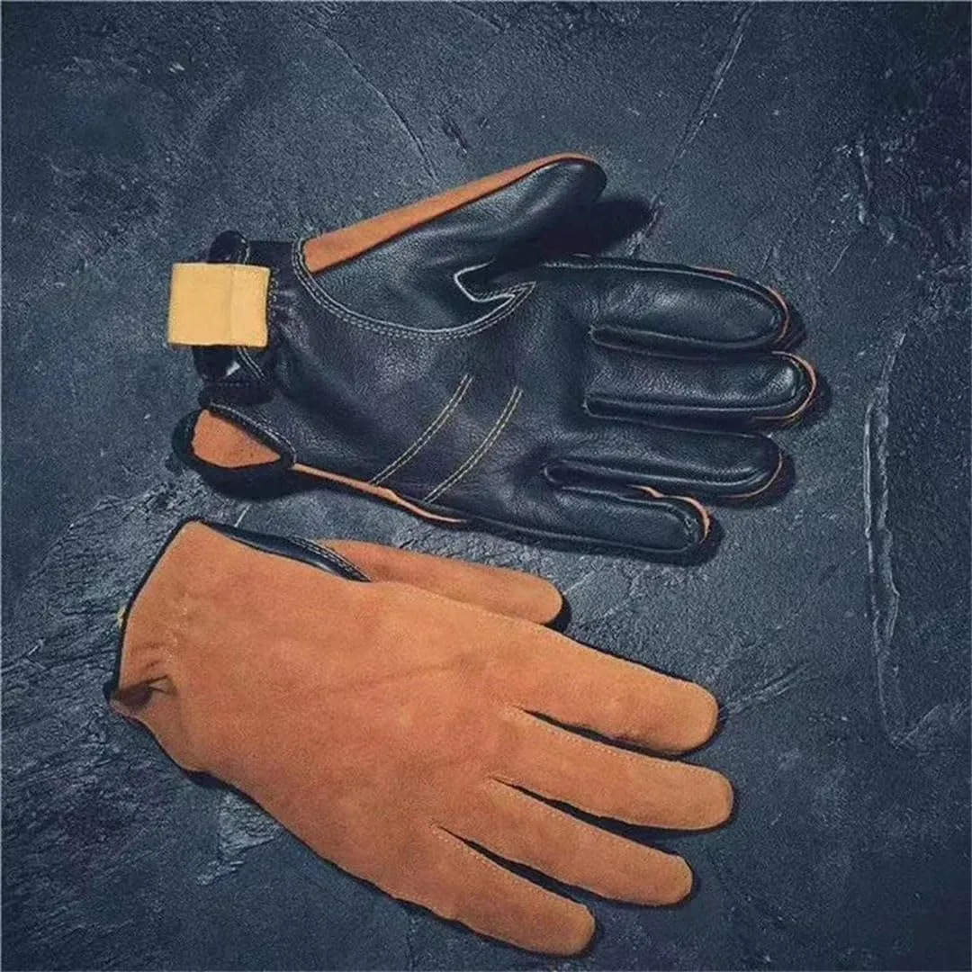 Men's Genuine Cowhide Wear Resistant Leather Gloves Driving Motorcycle Gloves Winter Mittens Yellow XL