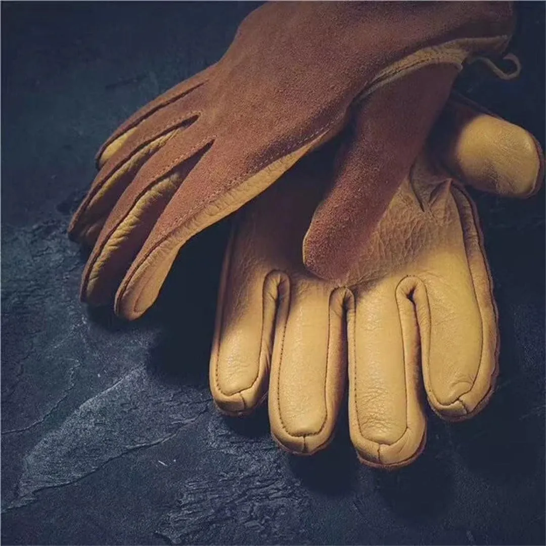 Men's Genuine Cowhide Wear Resistant Leather Gloves Driving Motorcycle Gloves Winter Mittens Yellow XL