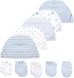 Newborn Baby Soft Cotton Organic Cap and Mitten Set Sunny Hatsfor Hospital Baby Boy and Girl(0-6 Months)