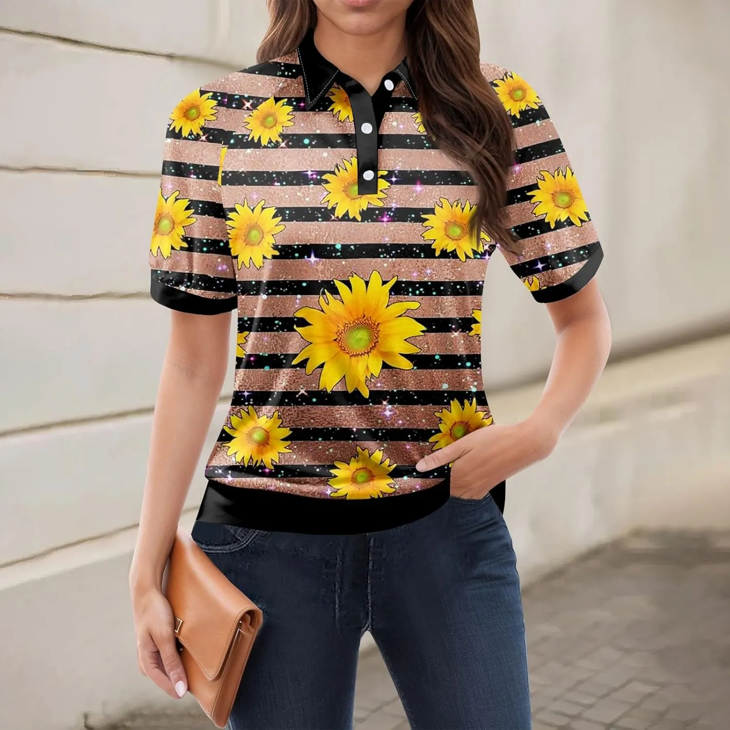 Polo Shirts Womens 2025 Summer V Neck Tee Casual Striped Color Block Collar Shirts Women Short Sleeve Polo Tops