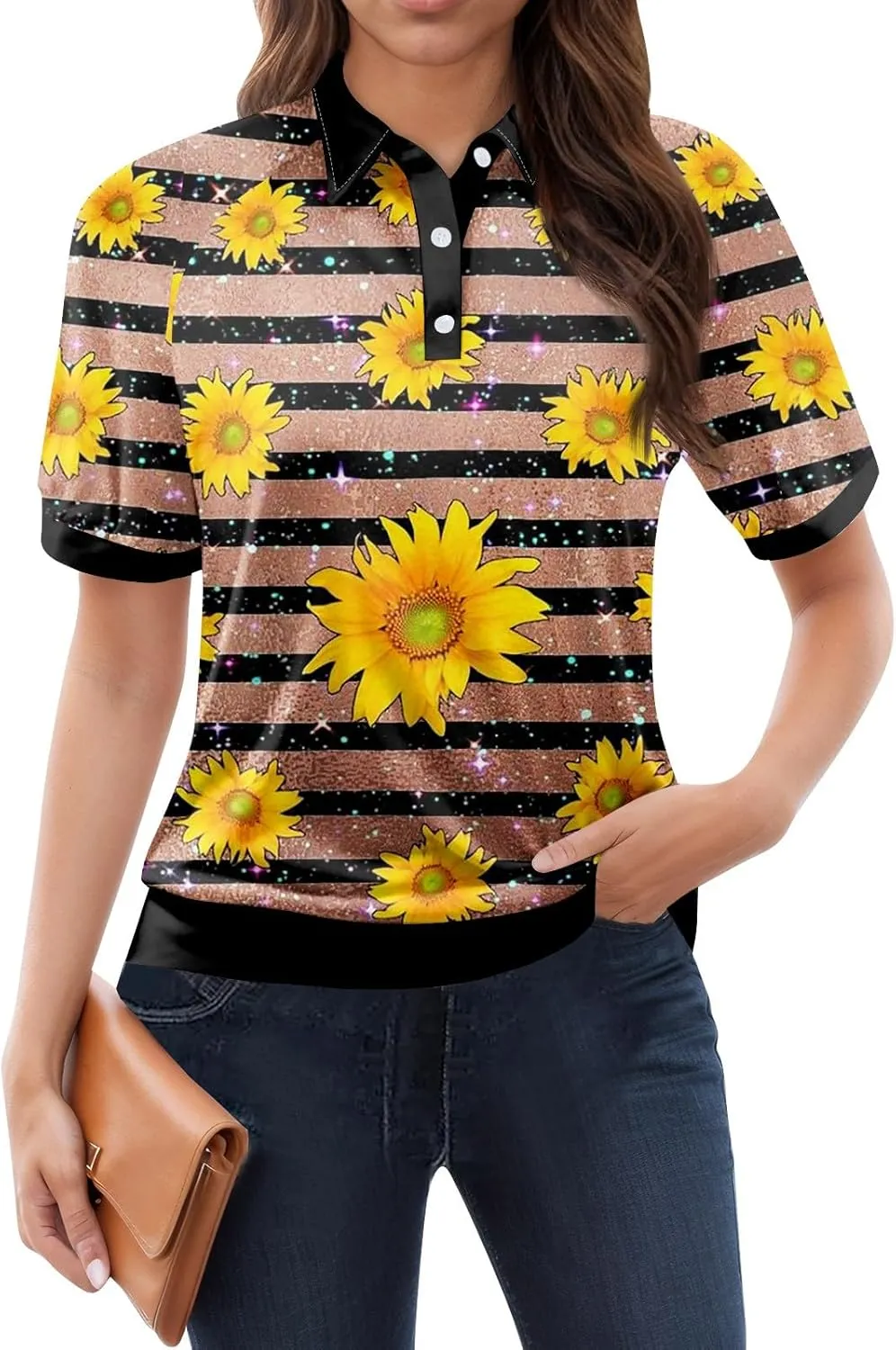 Polo Shirts Womens 2025 Summer V Neck Tee Casual Striped Color Block Collar Shirts Women Short Sleeve Polo Tops