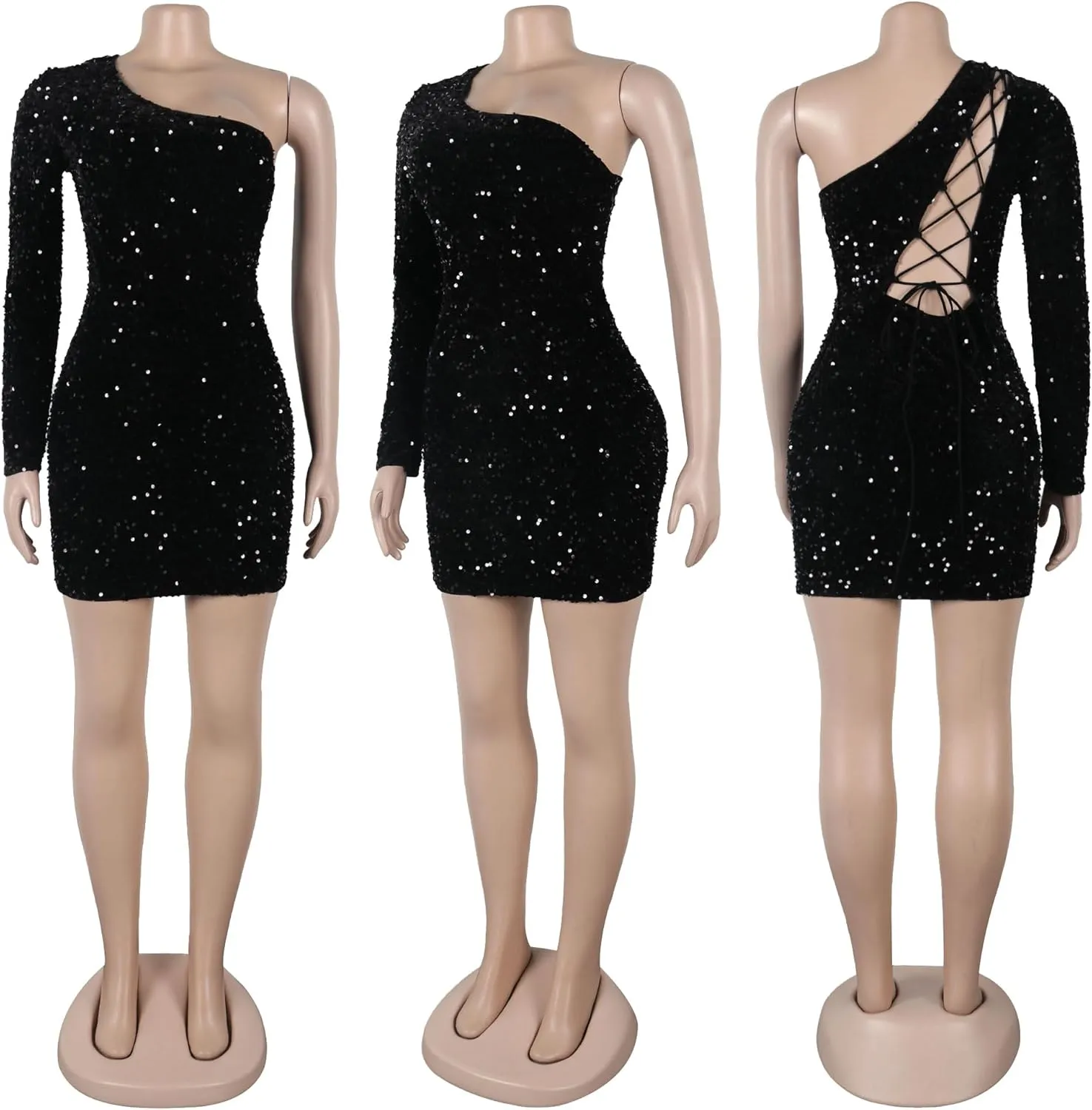 PORRCEY Women's Sexy Elegant Sequins Mesh See Through Bodycon Birthday Party Club Night Mini Dress